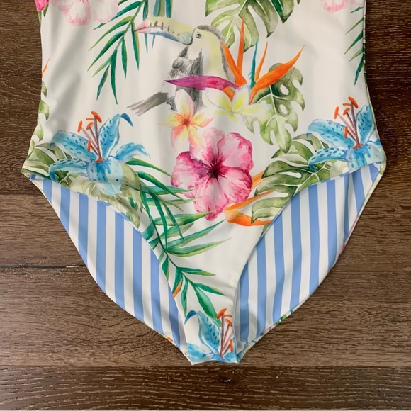 Faherty womens Tropical/ stripe reversible low back one piece swimsuit M - Picture 2 of 12